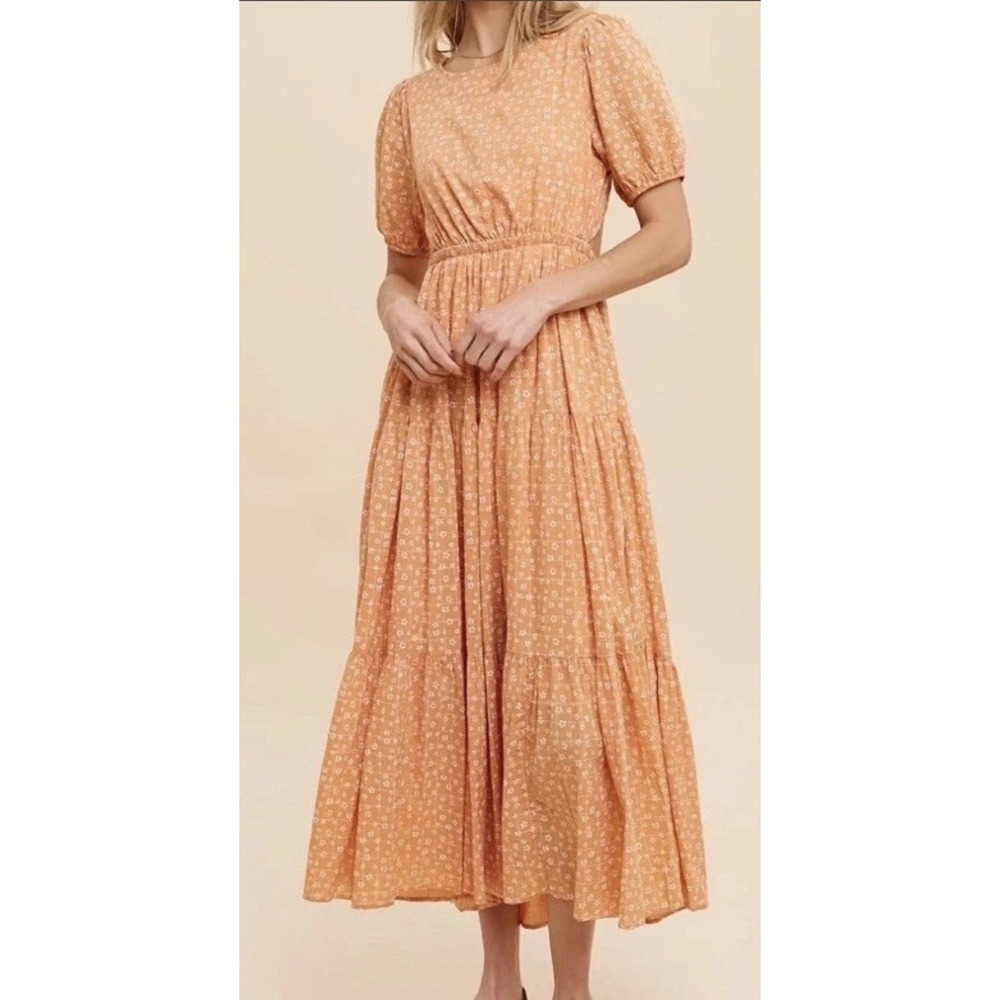 In Loom Women’s Dress Sz L Midi Cutout Peach Ditsy Floral Cottagecore Holiday